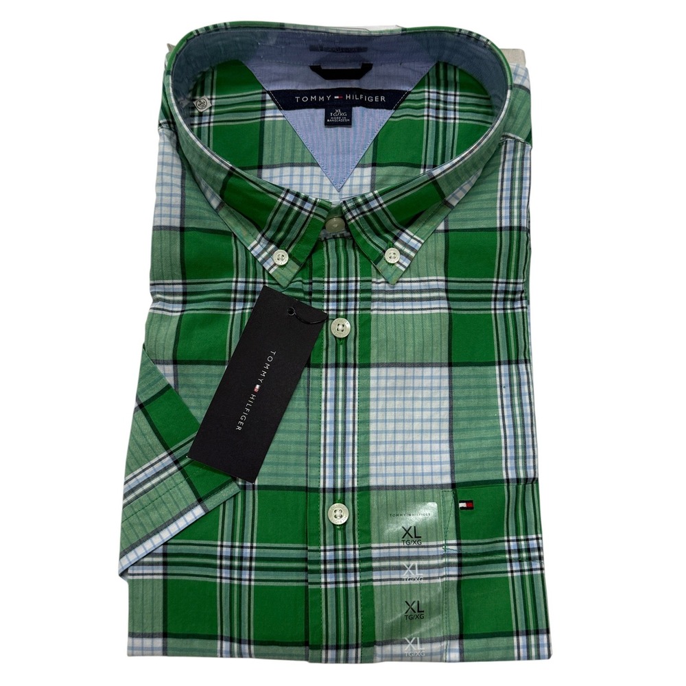 Tommy Hilfiger Button Down Shirt Mens XL Classic Short Sleeve Plaid Green NWT